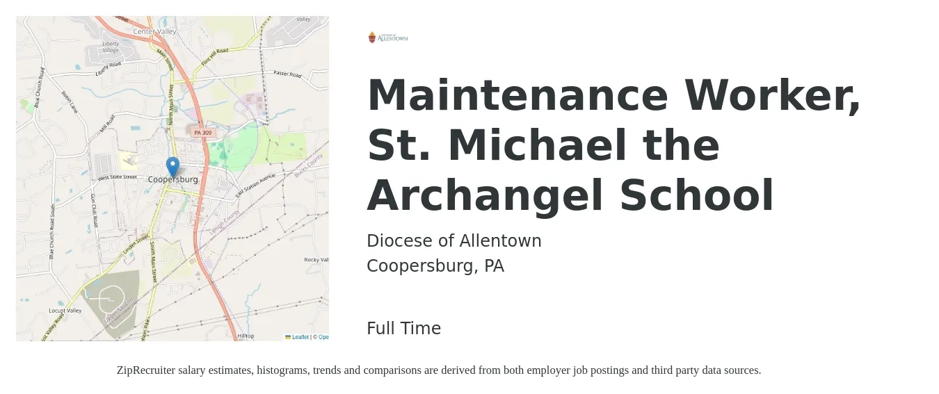 Diocese of Allentown job posting for a Maintenance Worker, St. Michael the Archangel School in Coopersburg, PA with a salary of $16 to $23 Hourly with a map of Coopersburg location.