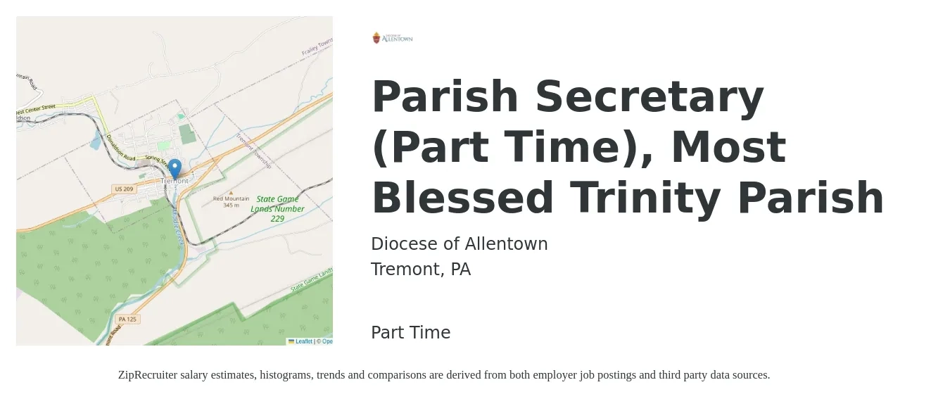 Diocese of Allentown job posting for a Parish Secretary (Part Time), Most Blessed Trinity Parish in Tremont, PA with a salary of $35,000 to $49,000 Yearly with a map of Tremont location.