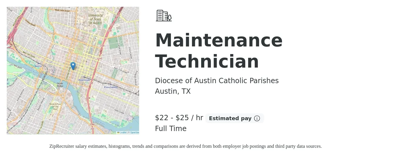 Diocese of Austin Catholic Parishes job posting for a Maintenance Technician in Austin, TX with a salary of $23 to $27 Hourly with a map of Austin location.