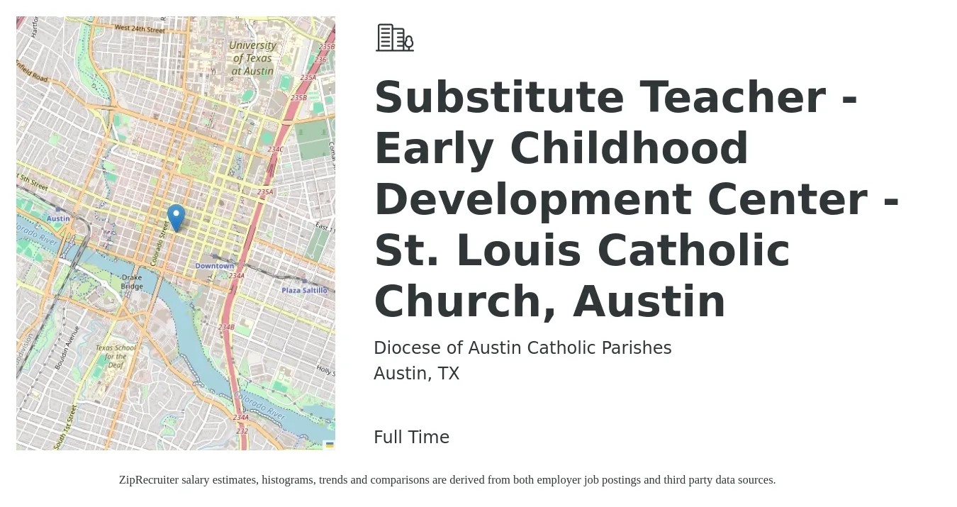 Diocese of Austin Catholic Parishes job posting for a Substitute Teacher - Early Childhood Development Center - St. Louis Catholic Church, Austin in Austin, TX with a salary of $50 to $100 Daily with a map of Austin location.