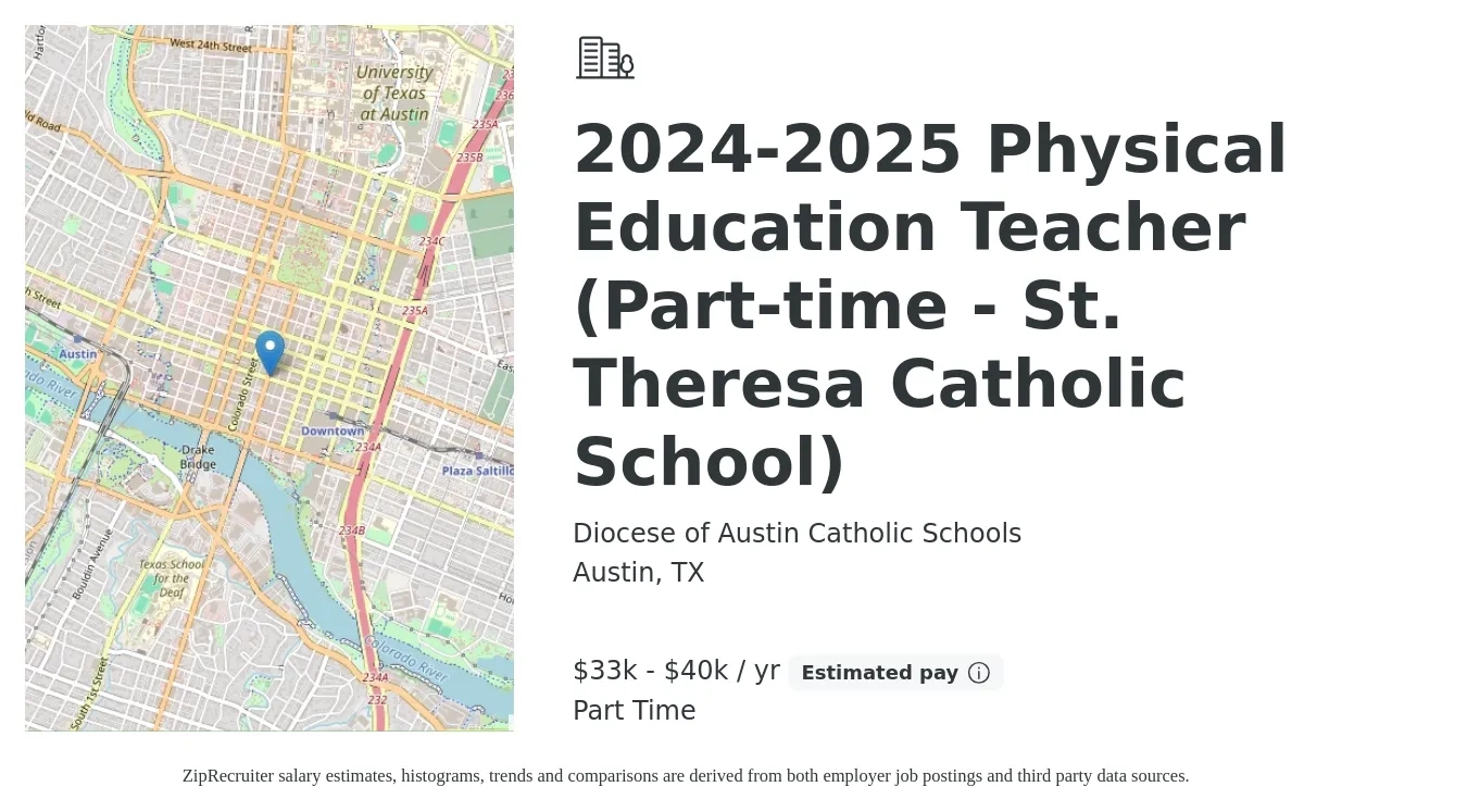 Diocese of Austin Catholic Schools job posting for a 2024-2025 Physical Education Teacher (Part-time - St. Theresa Catholic School) in Austin, TX with a salary of $33,000 to $40,000 Yearly with a map of Austin location.