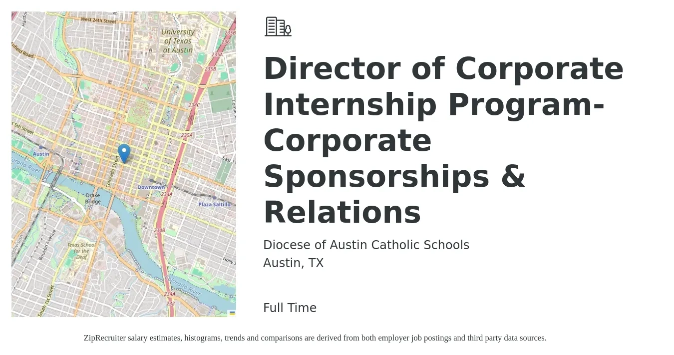 Diocese of Austin Catholic Schools job posting for a Director of Corporate Internship Program-Corporate Sponsorships & Relations in Austin, TX with a salary of $71,400 to $109,500 Yearly with a map of Austin location.