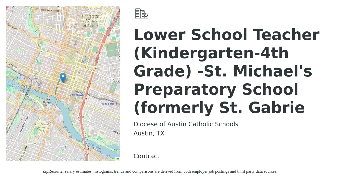 Diocese of Austin Catholic Schools job posting for a Lower School Teacher (Kindergarten-4th Grade) -St. Michael's Preparatory School (formerly St. Gabrie in Austin, TX with a salary of $34,200 to $53,000 Yearly with a map of Austin location.