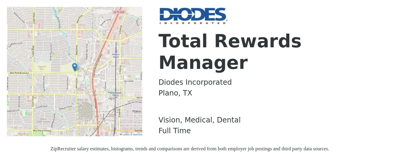 Diodes Incorporated job posting for a Total Rewards Manager in Plano, TX with a salary of $76,100 to $102,900 Yearly and benefits including pto, retirement, vision, dental, life_insurance, and medical with a map of Plano location.