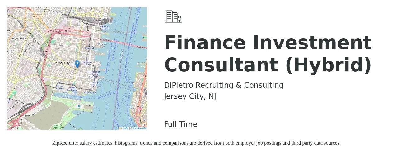 DiPietro Recruiting & Consulting job posting for a Finance Investment Consultant (Hybrid) in Jersey City, NJ with a salary of $61 to $89 Hourly with a map of Jersey City location.