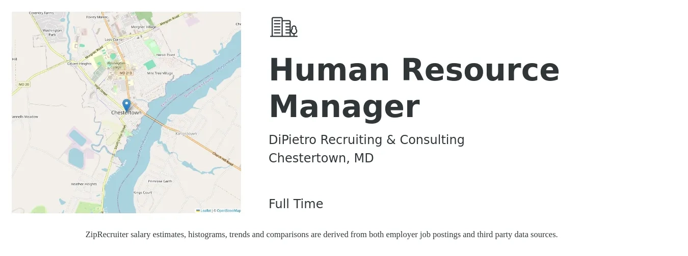 DiPietro Recruiting & Consulting job posting for a Human Resource Manager in Chestertown, MD with a salary of $65,900 to $95,500 Yearly with a map of Chestertown location.