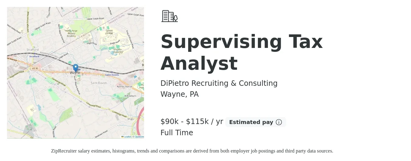 DiPietro Recruiting & Consulting job posting for a Supervising Tax Analyst in Wayne, PA with a salary of $51,700 to $89,300 Yearly with a map of Wayne location.