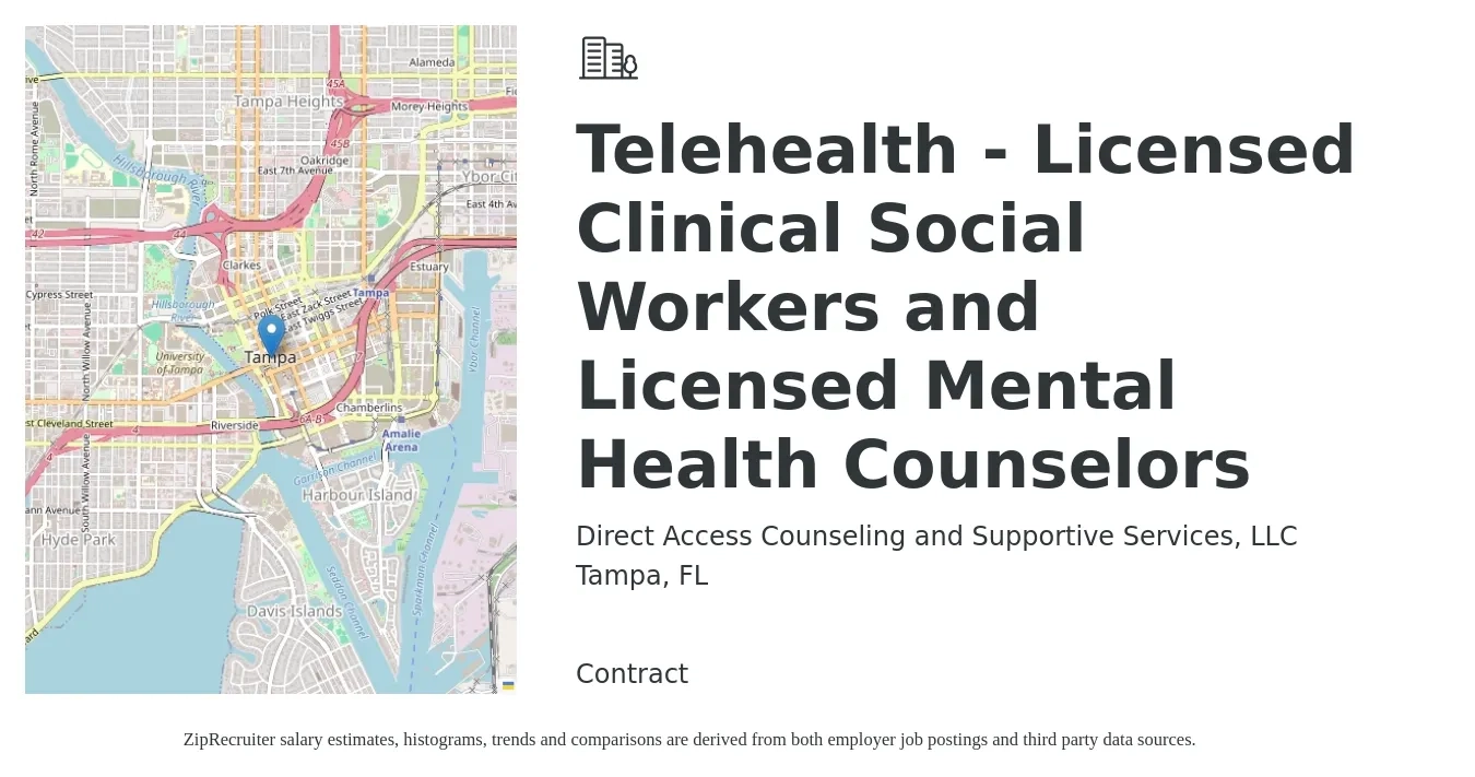 Direct Access Counseling and Supportive Services, LLC job posting for a Telehealth - Licensed Clinical Social Workers and Licensed Mental Health Counselors in Tampa, FL with a salary of $58,600 to $94,500 Yearly with a map of Tampa location.