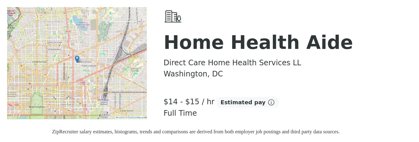 Direct Care Home Health Services LL job posting for a Home Health Aide in Washington, DC with a salary of $15 to $16 Hourly with a map of Washington location.