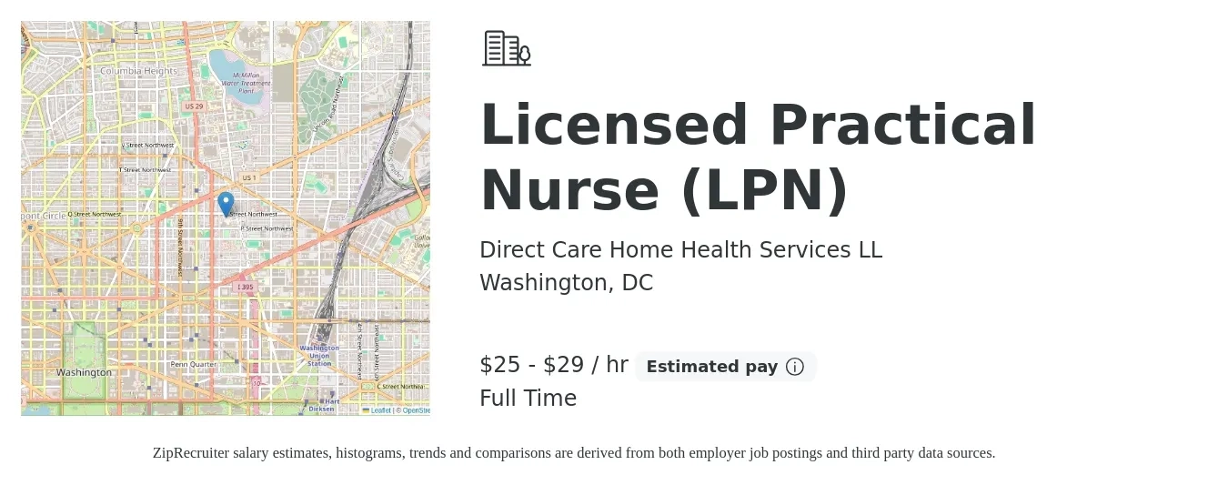 Direct Care Home Health Services LL job posting for a Licensed Practical Nurse (LPN) in Washington, DC with a salary of $27 to $31 Hourly with a map of Washington location.