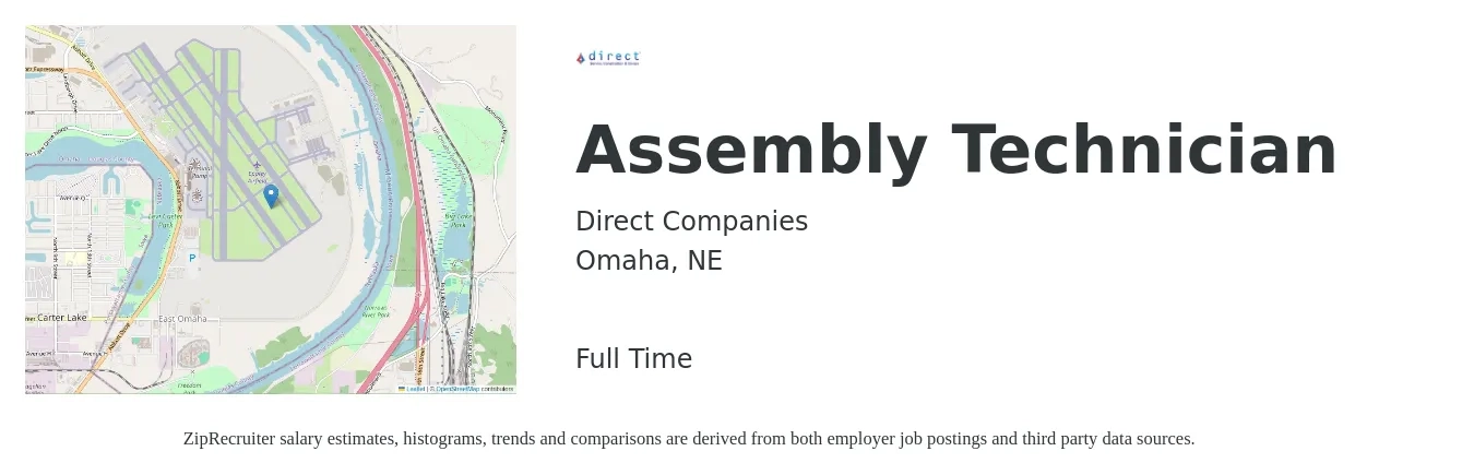 Direct Companies job posting for a Assembly Technician in Omaha, NE with a salary of $17 to $21 Hourly with a map of Omaha location.