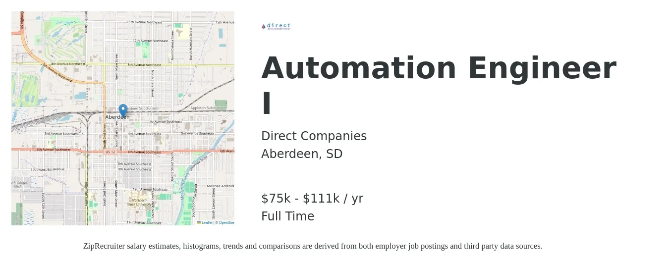 Direct Companies job posting for a Automation Engineer I in Aberdeen, SD with a salary of $75,000 to $111,935 Yearly with a map of Aberdeen location.