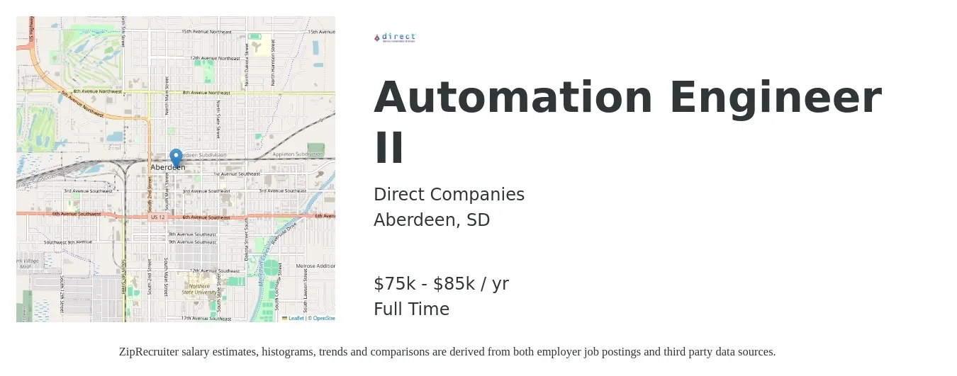 Direct Companies job posting for a Automation Engineer II in Aberdeen, SD with a salary of $75,000 to $85,000 Yearly with a map of Aberdeen location.