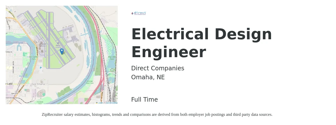 Direct Companies job posting for a Electrical Design Engineer in Omaha, NE with a salary of $78,900 to $110,500 Yearly with a map of Omaha location.