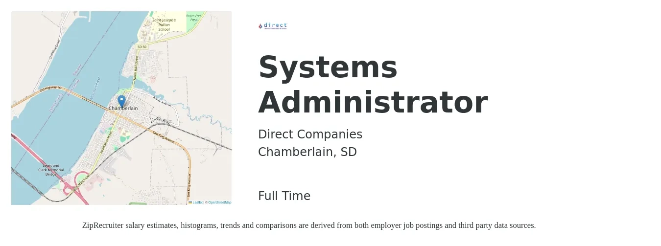 Direct Companies job posting for a Systems Administrator in Chamberlain, SD with a salary of $71,700 to $106,500 Yearly with a map of Chamberlain location.
