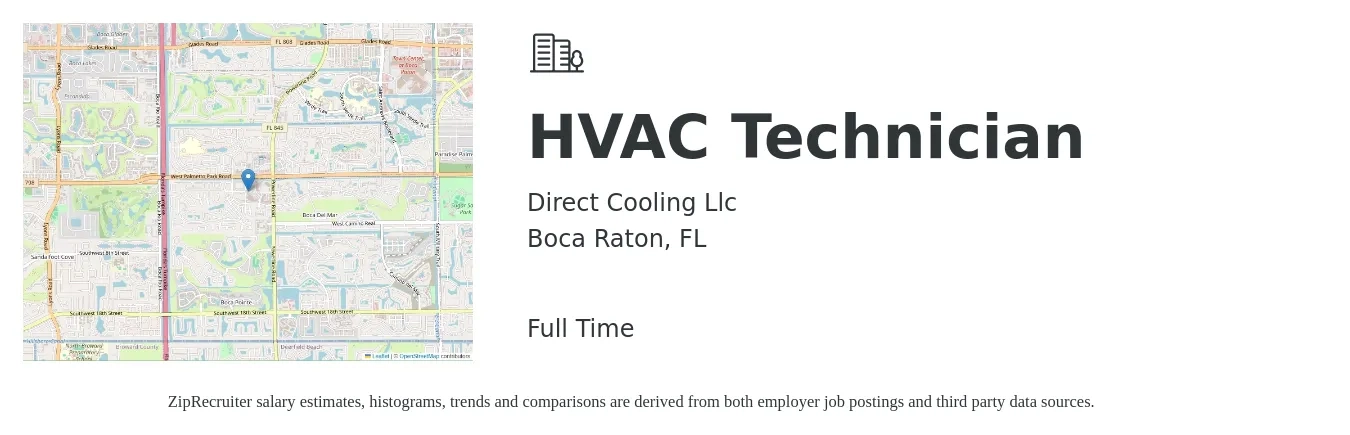 Direct Cooling Llc job posting for a HVAC Technician in Boca Raton, FL with a salary of $22 to $31 Hourly with a map of Boca Raton location.