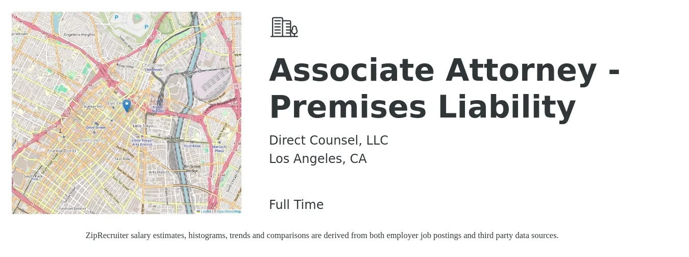 Direct Counsel, LLC job posting for a Associate Attorney - Premises Liability in Los Angeles, CA with a salary of $86,200 to $140,100 Yearly with a map of Los Angeles location.
