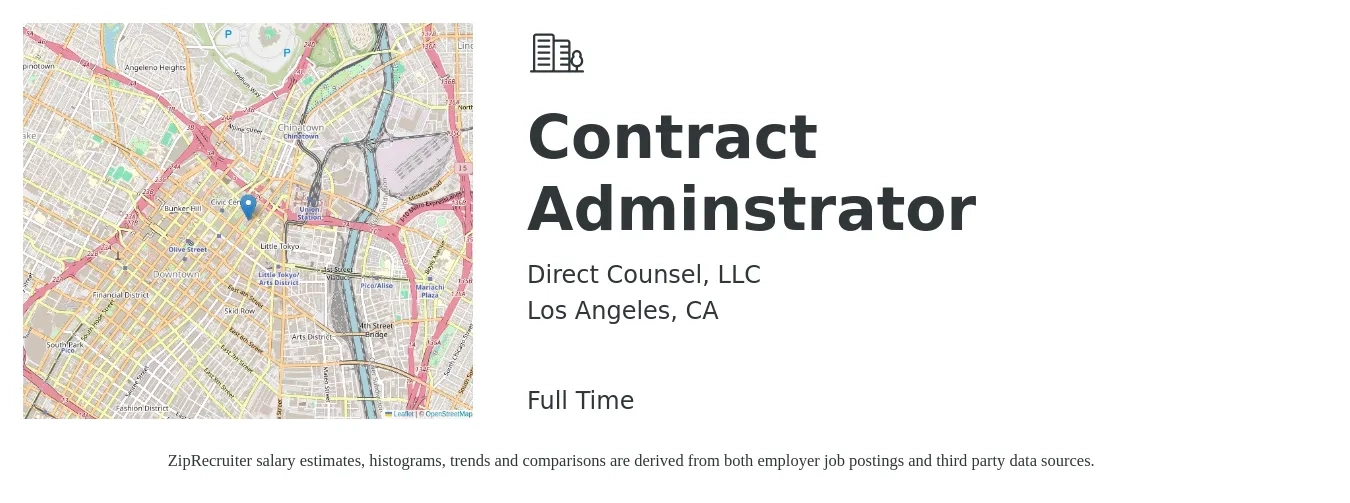 Direct Counsel, LLC job posting for a Contract Adminstrator in Los Angeles, CA with a salary of $61,400 to $94,800 Yearly with a map of Los Angeles location.