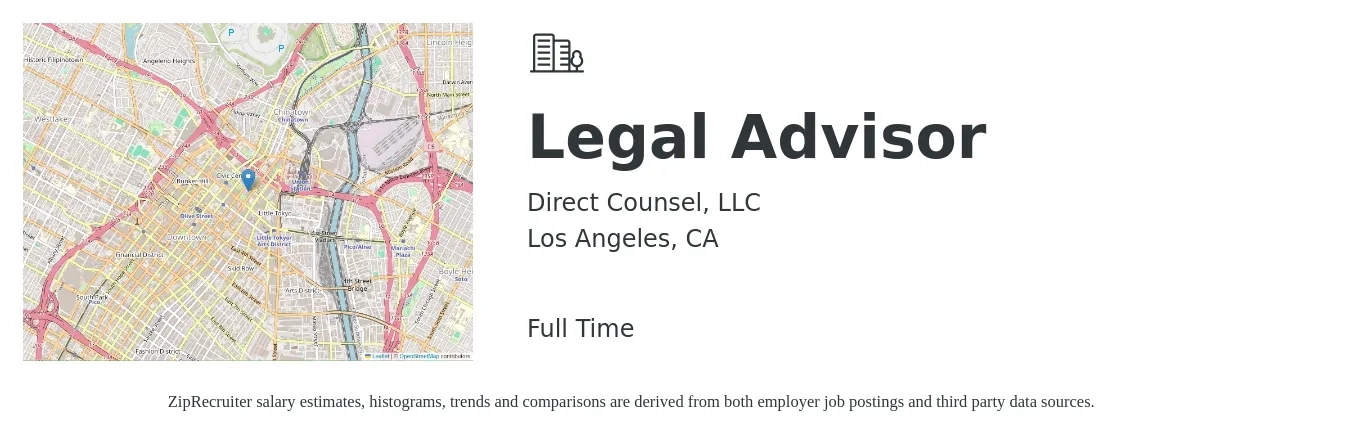 Direct Counsel, LLC job posting for a Legal Advisor in Los Angeles, CA with a salary of $151,500 to $171,500 Yearly with a map of Los Angeles location.