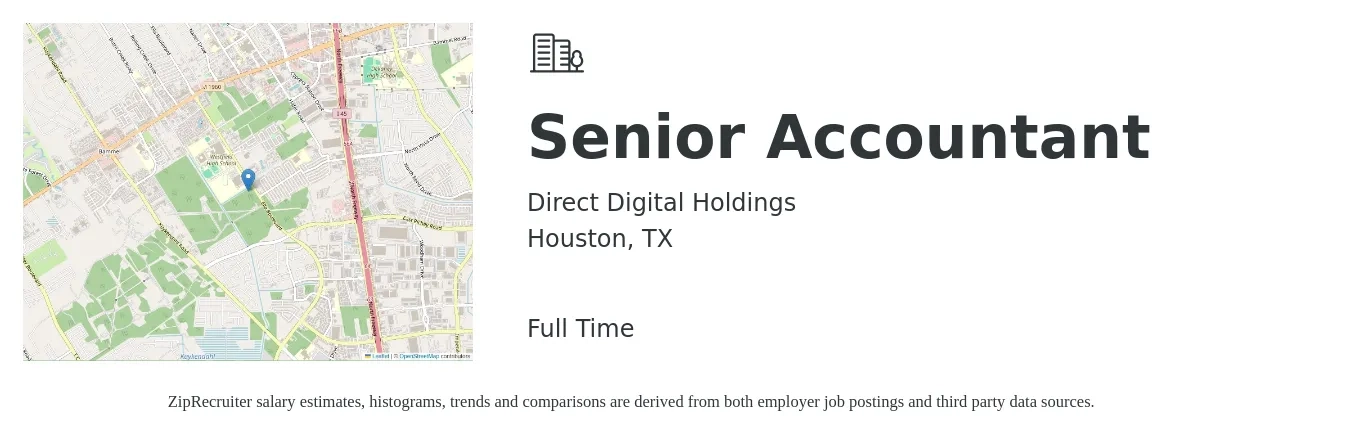 Direct Digital Holdings job posting for a Senior Accountant in Houston, TX with a salary of $68,300 to $85,900 Yearly with a map of Houston location.