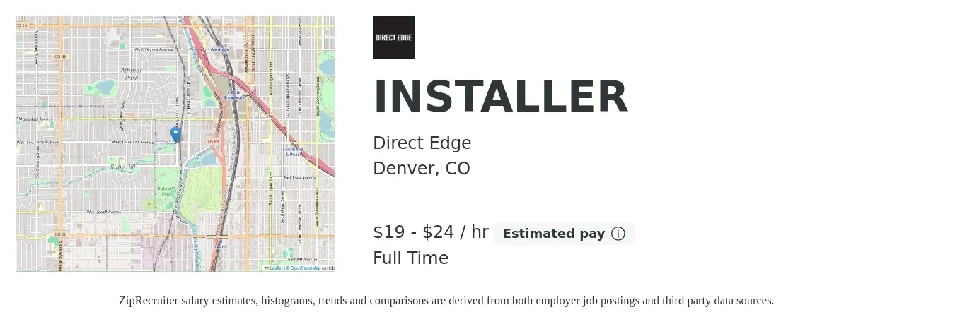 Direct Edge job posting for a INSTALLER in Denver, CO with a salary of $20 to $25 Hourly with a map of Denver location.