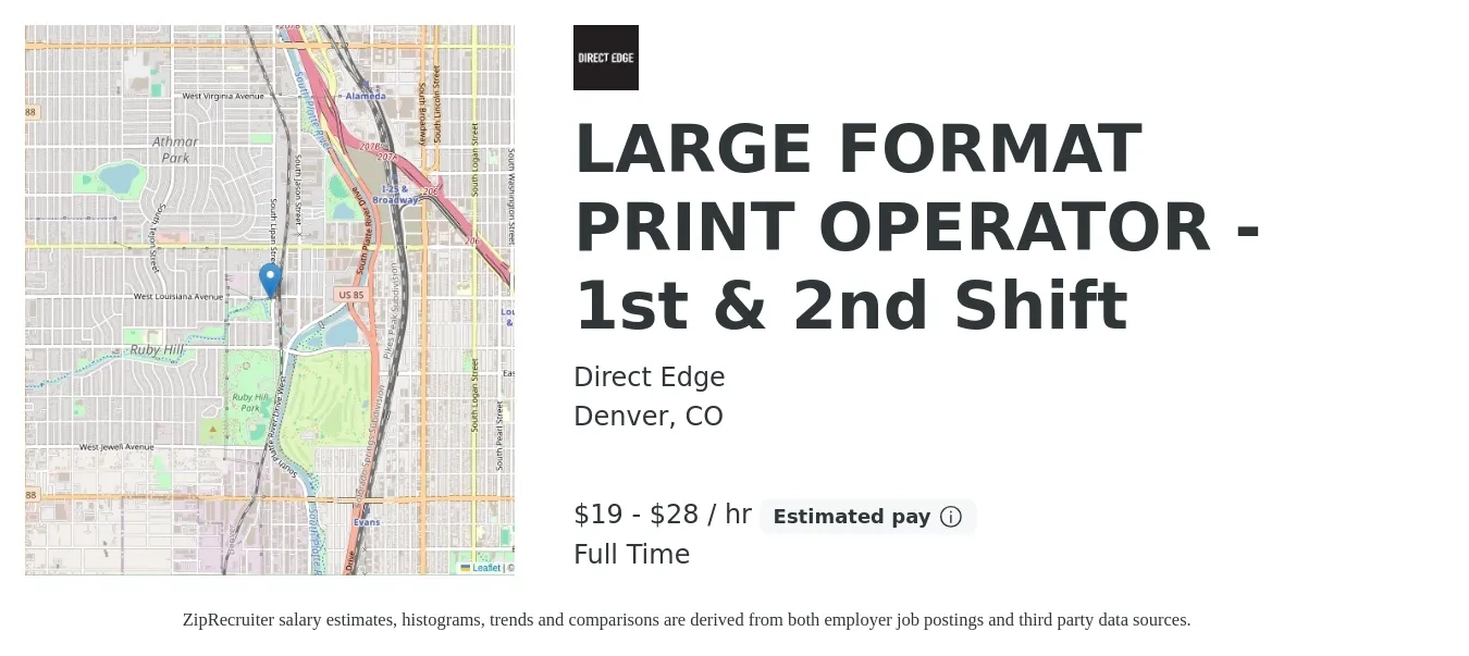 Direct Edge job posting for a LARGE FORMAT PRINT OPERATOR - 1st & 2nd Shift in Denver, CO with a salary of $20 to $30 Hourly with a map of Denver location.