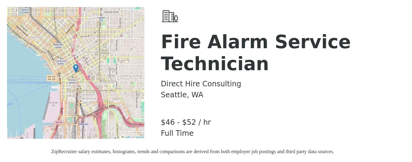 Direct Hire Consulting job posting for a Fire Alarm Service Technician in Seattle, WA with a salary of $48 to $55 Hourly with a map of Seattle location.