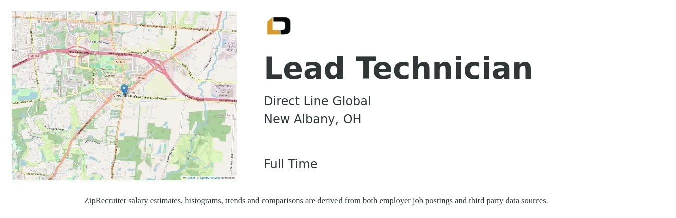Direct Line Global job posting for a Lead Technician in New Albany, OH with a salary of $42,300 to $54,800 Yearly with a map of New Albany location.