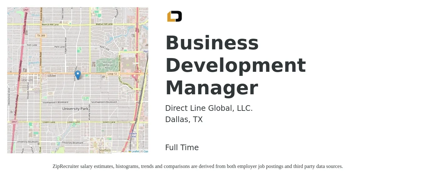 Direct Line Global job posting for a Business Development Manager in Dallas, TX with a salary of $60,300 to $98,900 Yearly with a map of Dallas location.