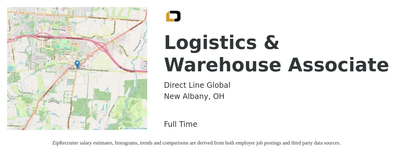 Direct Line Global job posting for a Logistics & Warehouse Associate in New Albany, OH with a salary of $15 to $18 Hourly with a map of New Albany location.