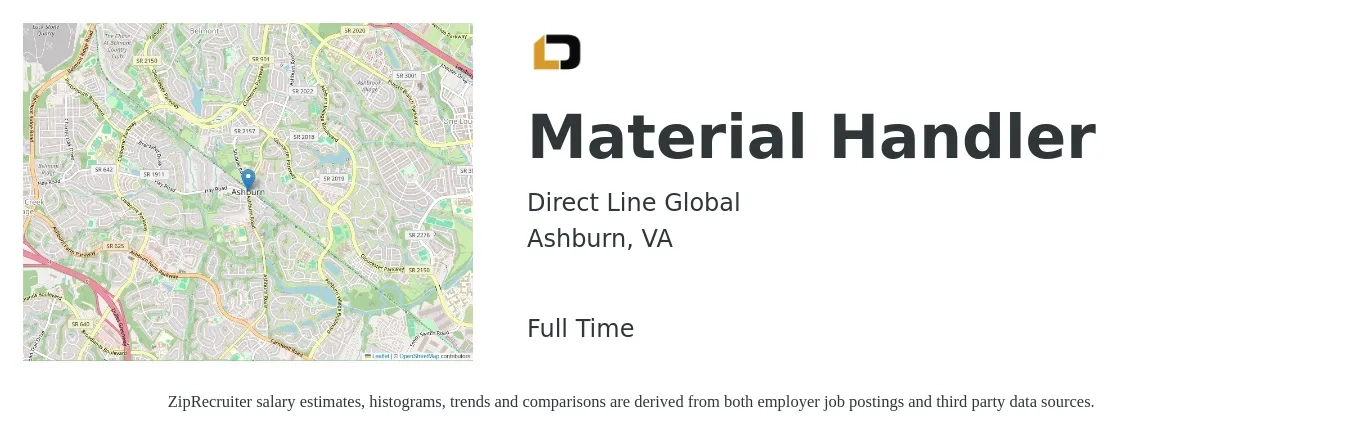 Direct Line Global job posting for a Material Handler in Ashburn, VA with a salary of $17 to $21 Hourly with a map of Ashburn location.