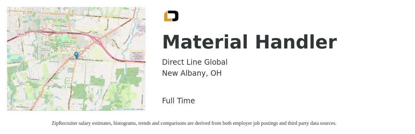 Direct Line Global job posting for a Material Handler in New Albany, OH with a salary of $16 to $20 Hourly with a map of New Albany location.