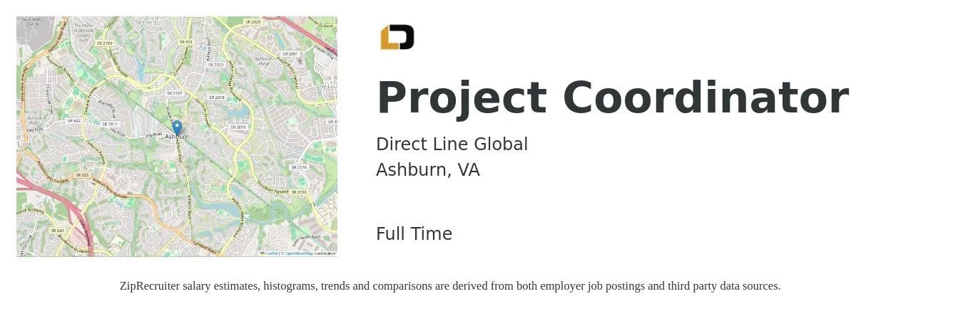 Direct Line Global job posting for a Project Coordinator in Ashburn, VA with a salary of $24 to $35 Hourly with a map of Ashburn location.