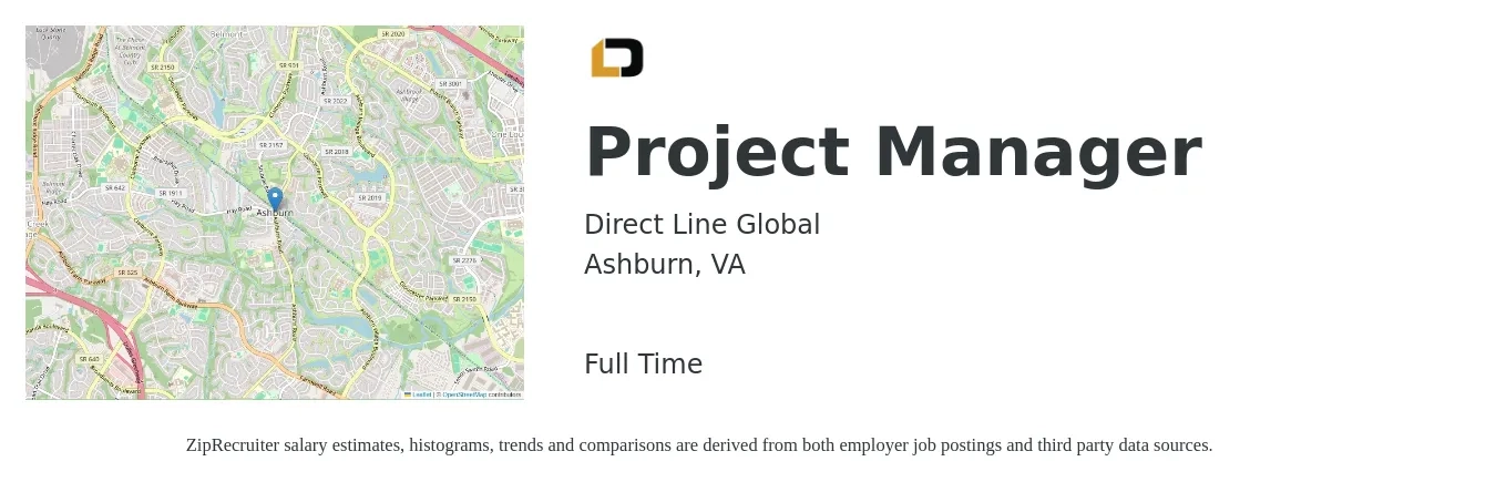 Direct Line Global job posting for a Project Manager in Ashburn, VA with a salary of $80,300 to $125,800 Yearly with a map of Ashburn location.