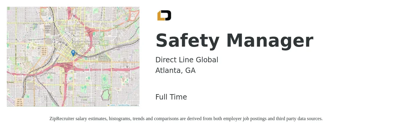 Direct Line Global job posting for a Safety Manager in Atlanta, GA with a salary of $63,000 to $98,600 Yearly with a map of Atlanta location.