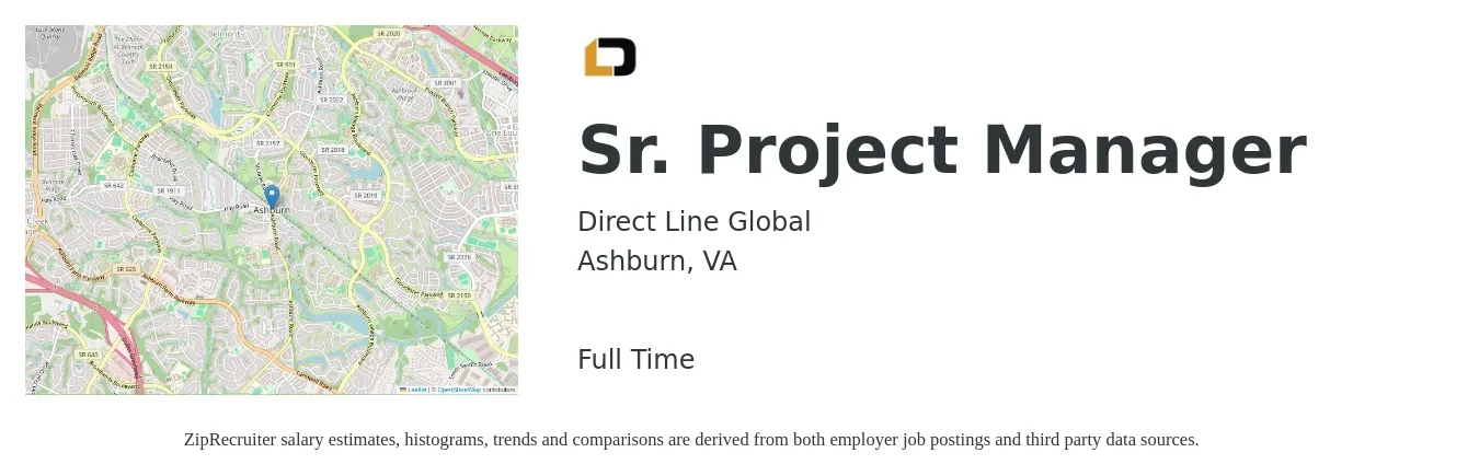 Direct Line Global job posting for a Sr. Project Manager in Ashburn, VA with a salary of $105,800 to $149,300 Yearly with a map of Ashburn location.
