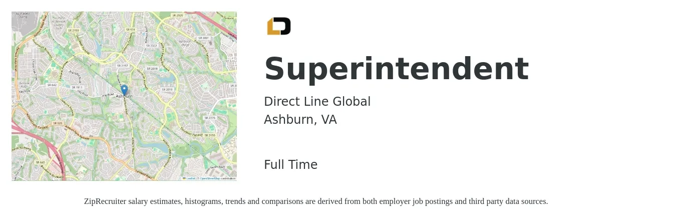 Direct Line Global job posting for a Superintendent in Ashburn, VA with a salary of $72,600 to $118,100 Yearly with a map of Ashburn location.