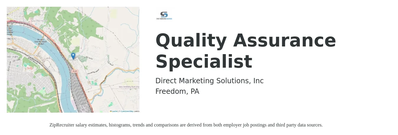 Direct Marketing Solutions, Inc job posting for a Quality Assurance Specialist in Freedom, PA with a salary of $52,500 to $77,800 Yearly with a map of Freedom location.