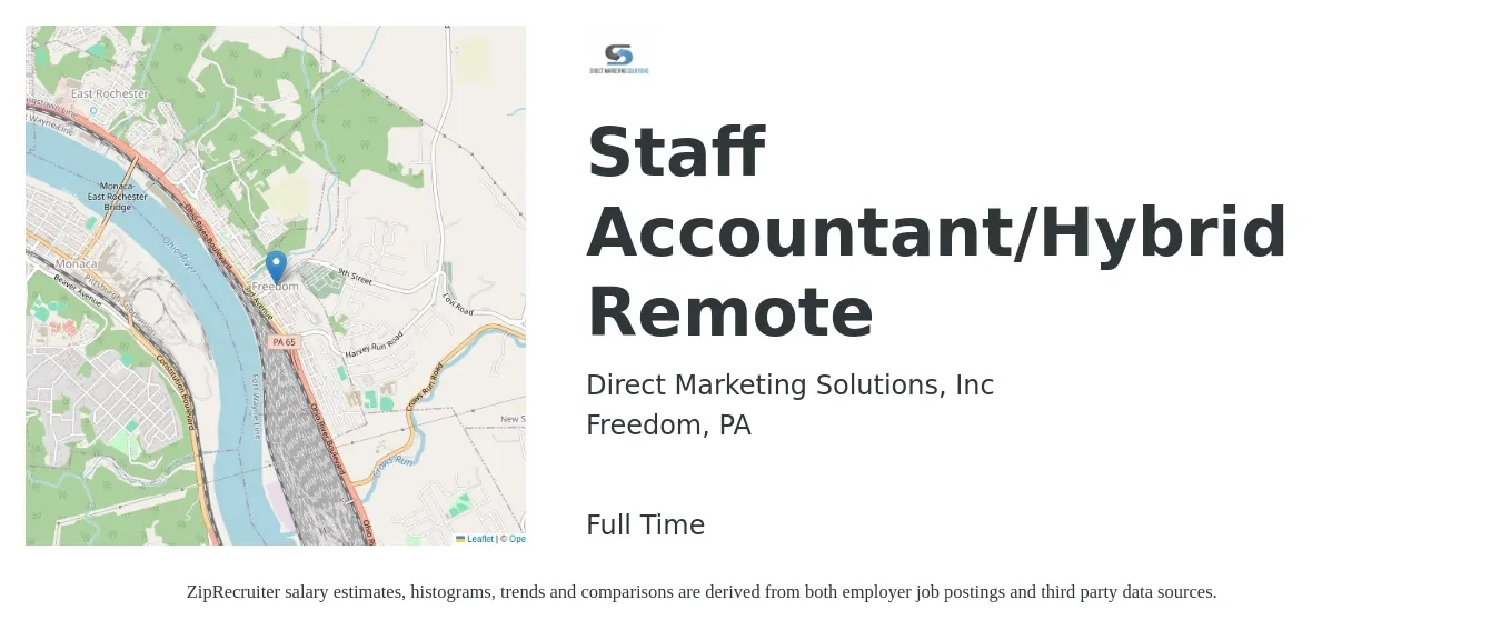 Direct Marketing Solutions, Inc job posting for a Staff Accountant/Hybrid Remote in Freedom, PA with a salary of $50,600 to $66,800 Yearly with a map of Freedom location.