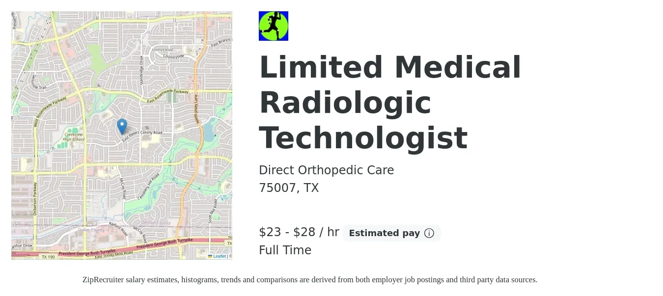 Direct Orthopedic Care job posting for a Limited Medical Radiologic Technologist in 75007, TX with a salary of $24 to $30 Hourly with a map of 75007 location.