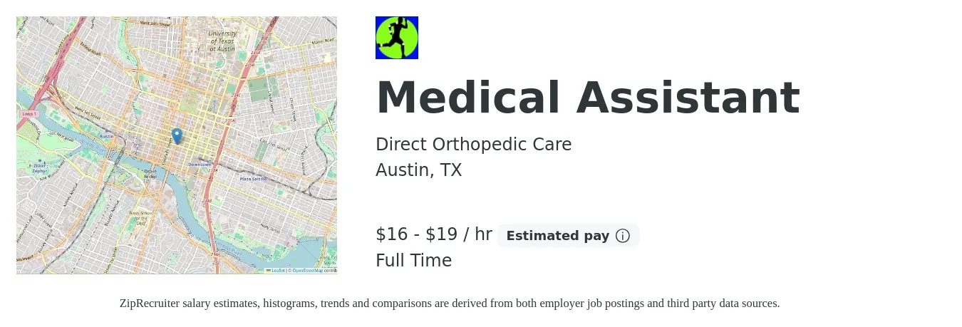 Direct Orthopedic Care job posting for a Medical Assistant in Austin, TX with a salary of $17 to $20 Hourly with a map of Austin location.