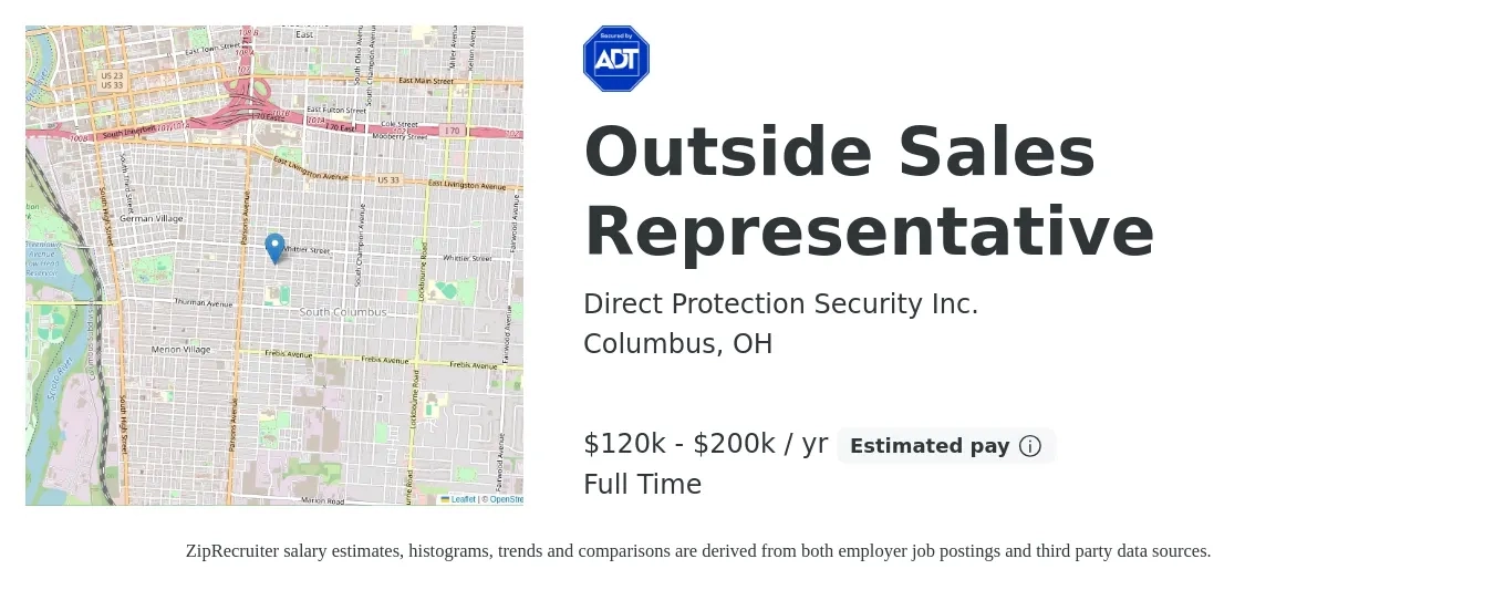 Direct Protection Security Inc. job posting for a Outside Sales Representative in Columbus, OH with a salary of $120,000 to $200,000 Yearly and benefits including retirement with a map of Columbus location.