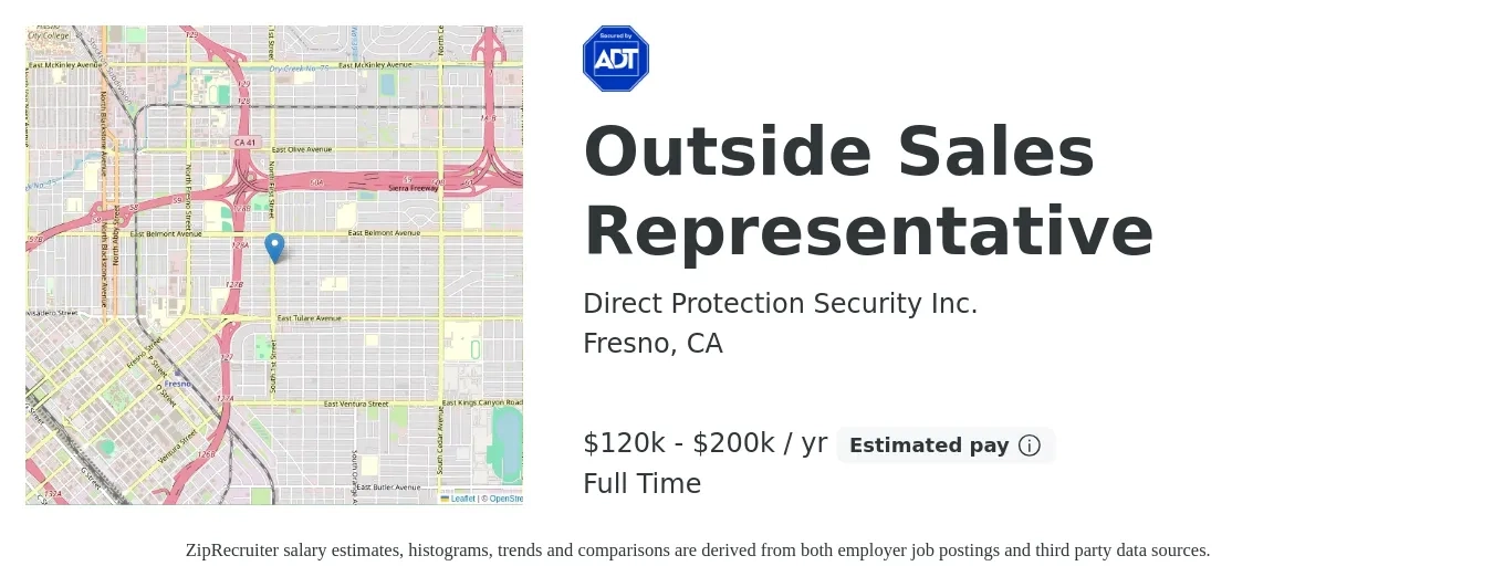 Direct Protection Security Inc. job posting for a Outside Sales Representative in Fresno, CA with a salary of $120,000 to $200,000 Yearly and benefits including retirement with a map of Fresno location.