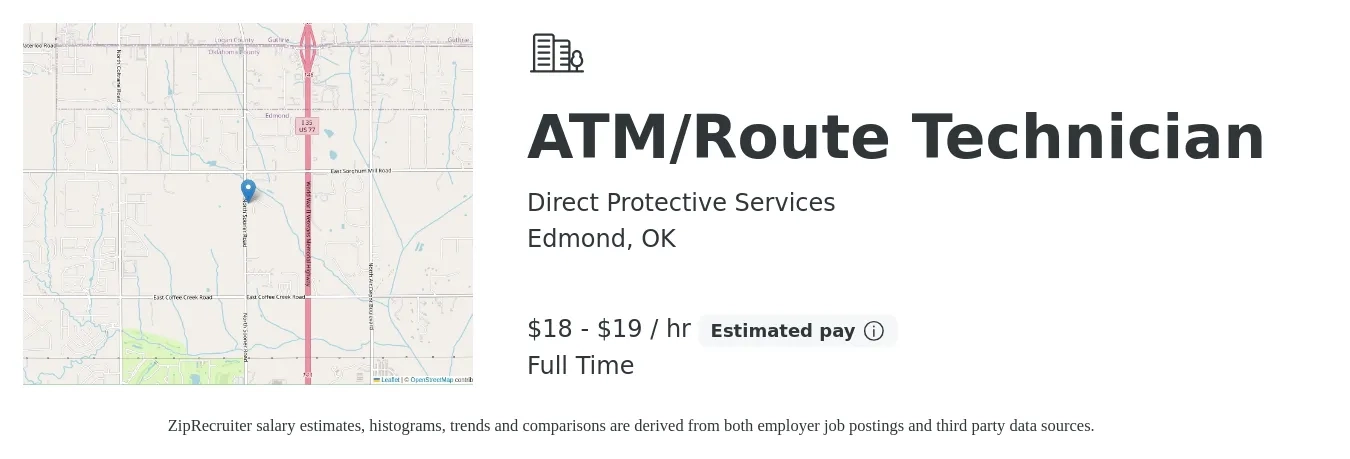 Direct Protective Services job posting for a ATM/Route Technician in Edmond, OK with a salary of $19 to $20 Hourly with a map of Edmond location.