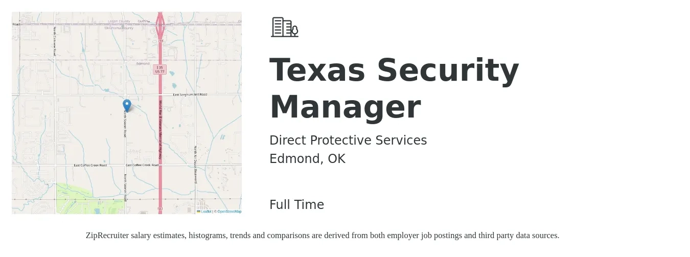 Direct Protective Services job posting for a Texas Security Manager in Edmond, OK with a salary of $16 to $26 Hourly with a map of Edmond location.