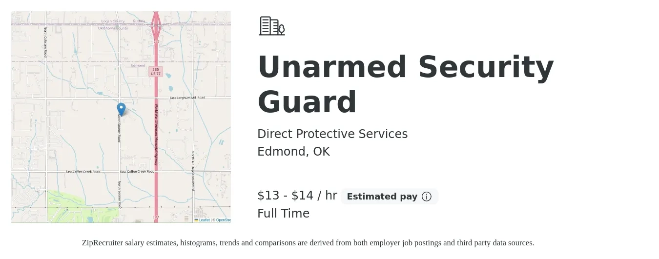 Direct Protective Services job posting for a Unarmed Security Guard in Edmond, OK with a salary of $14 to $15 Hourly with a map of Edmond location.