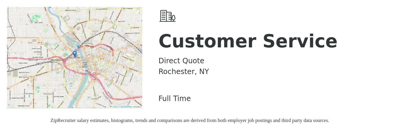 Direct Quote job posting for a Customer Service in Rochester, NY with a salary of $40,500 to $69,100 Yearly with a map of Rochester location.