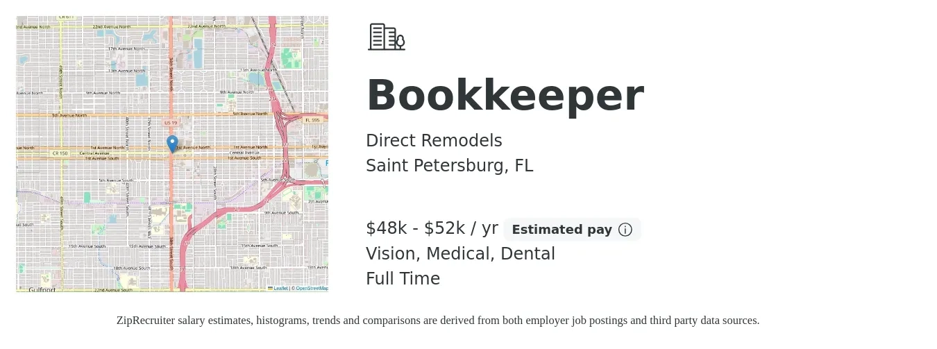 Direct Remodels job posting for a Bookkeeper in Saint Petersburg, FL with a salary of $48,000 to $52,000 Yearly and benefits including dental, medical, pto, and vision with a map of Saint Petersburg location.
