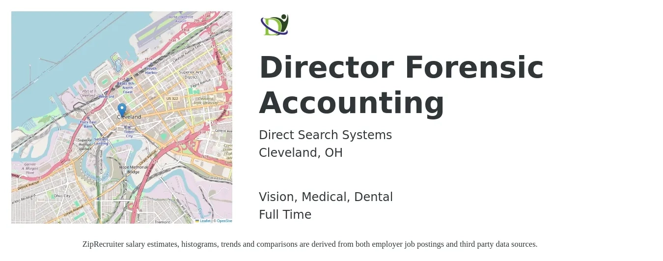 Direct Search Systems job posting for a Director Forensic Accounting in Cleveland, OH with a salary of $101,800 to $155,200 Yearly and benefits including retirement, vision, dental, life_insurance, and medical with a map of Cleveland location.