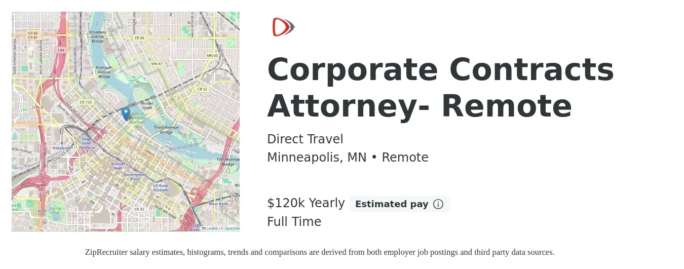 Direct Travel job posting for a Corporate Contracts Attorney - Remote in Minneapolis, MN with a salary of $120,000 Yearly with a map of Minneapolis location.